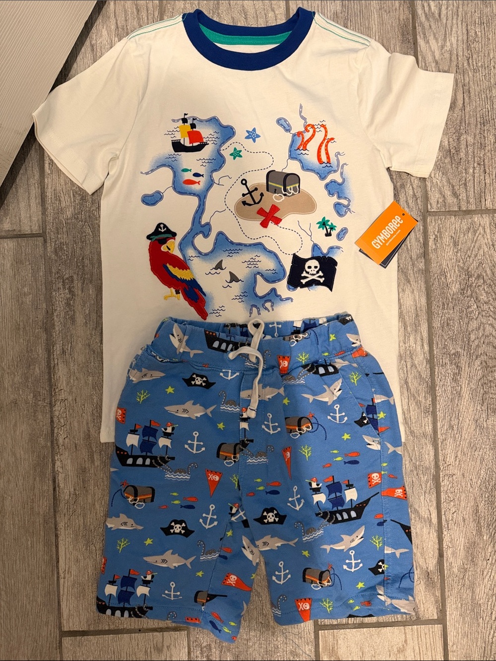 Gymboree White Pirate Map Tee with Blue Pirate Print Shorts
